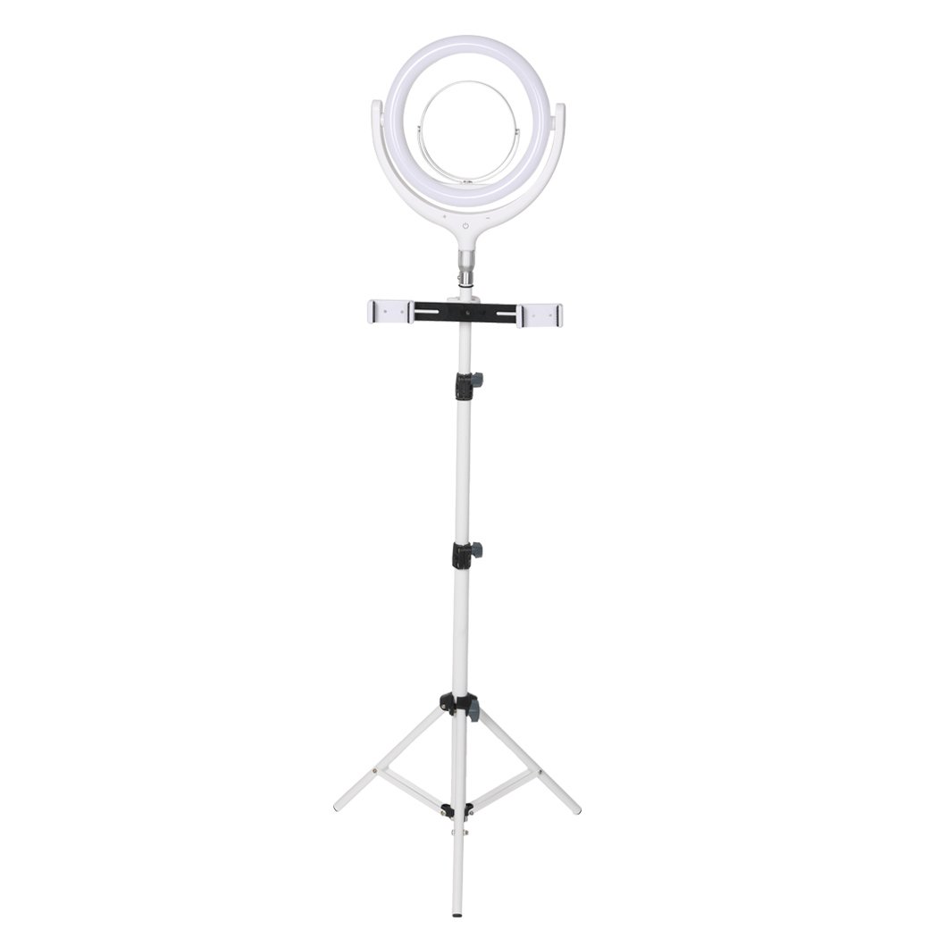 LED Ring Light with Tripod Stand and Phone Holder, showcasing adjustable brightness and color tones for perfect lighting.